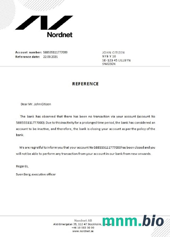 Przykład odniesienia do zamknięcia Nordnet w Szwecji w formatach Word i PDF